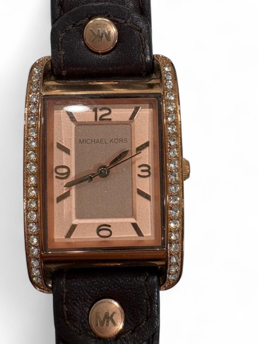 Michael Kors Rose Gold Rectangular Crystal-Trim Watch with Brown Leather Strap